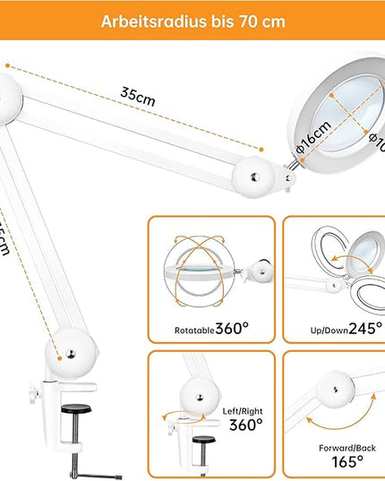 Magnifying Glass with Light and Clamp, Magnifying Lamp with 4.2'' 5X Real Glass Magnifier, 3-Color Dimmable LED Light, Premium Swing Arm Hands Free for Estheticians Crafts Hobbies Arts - LeafyLoom