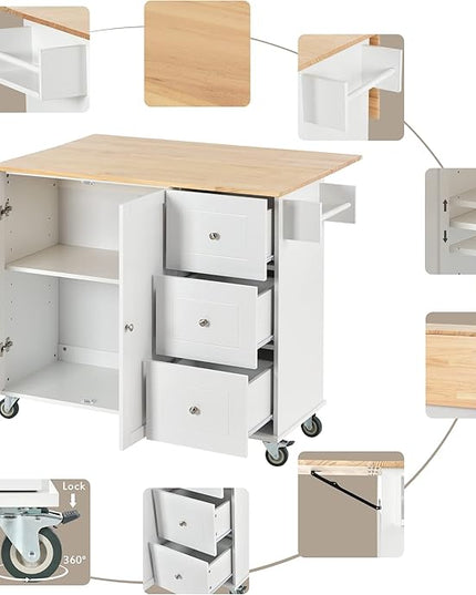 52.7 Cart with Wood Top and Drop Leaf Breakfast Bar, Rolling Mobile Island Towel Rack,Large Storage Cabinet Kitchen Table for Dinning Room, White, 52.76 Inch - LeafyLoom