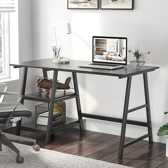 sogesfurniture 47 inches Writing Computer Study Desk with 2 Tier Storage Shelves on Left or Right Side, Trestle Desk, Home Office Study Desk,Black - LeafyLoom
