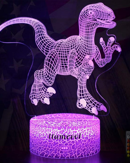 Dinosaur Night Lights for Kids Christmas Gift for Boys Birthday Dino Toy Raptor 3D Illusion Lamp Remote Control 16 Color Change - LeafyLoom