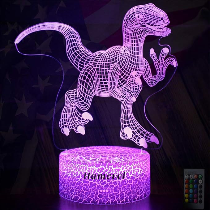Dinosaur Night Lights for Kids Christmas Gift for Boys Birthday Dino Toy Raptor 3D Illusion Lamp Remote Control 16 Color Change - LeafyLoom