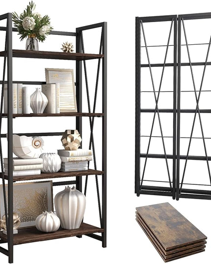 WOOD&LIFE 4 Tier Folding Bookshelf, Easily Assembled Bookcase Industrial Freestanding Multifunctional Decorative Storage Shelf, Rustic Vintage Wooden Metal Bookcase for Living Room Home Office - LeafyLoom