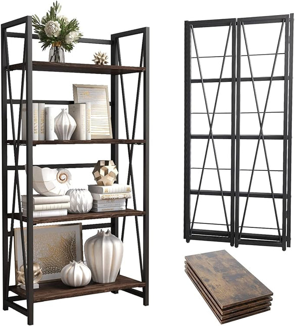 WOOD&LIFE 4 Tier Folding Bookshelf, Easily Assembled Bookcase Industrial Freestanding Multifunctional Decorative Storage Shelf, Rustic Vintage Wooden Metal Bookcase for Living Room Home Office - LeafyLoom