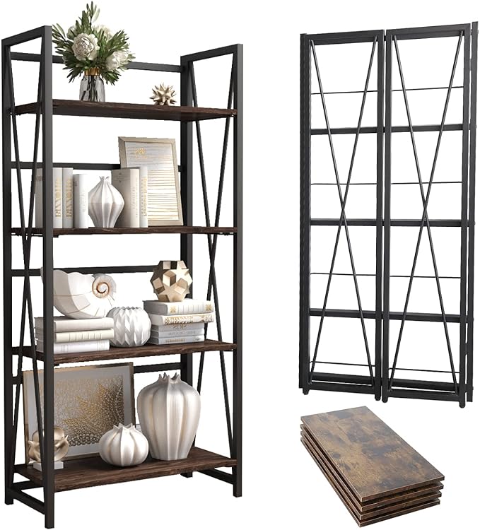 WOOD&LIFE 4 Tier Folding Bookshelf, Easily Assembled Bookcase Industrial Freestanding Multifunctional Decorative Storage Shelf, Rustic Vintage Wooden Metal Bookcase for Living Room Home Office - LeafyLoom