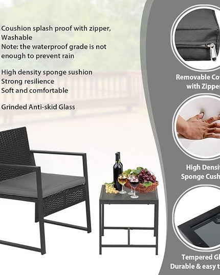 FDW 3 Piece Patio Furniture Sets Wicker Patio Chairs Rattan Outdoor Bistro Set Outdoor Furniture for Backyard Porch Poolside Lawn,Grey Cushion - LeafyLoom
