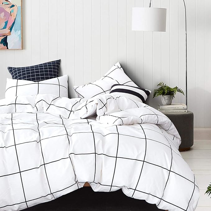 White Grid Comforter White Plaid Bedding Set Twin White with Black Line Stripes Boys Checkered Comforters Bedding Set Girls White Grid Comforter Set Twin - LeafyLoom