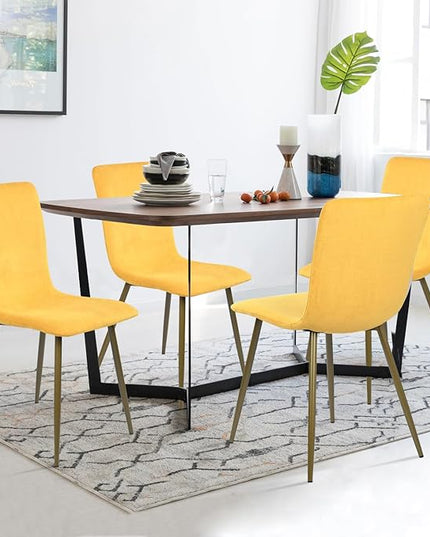 FurnitureR Modern Style Dining Chairs Set of 4, Comfy Side Chair with Fabric Seat Sturdy Metal Gold Legs for Kitchen Living Room Bedroom, Yellow - LeafyLoom