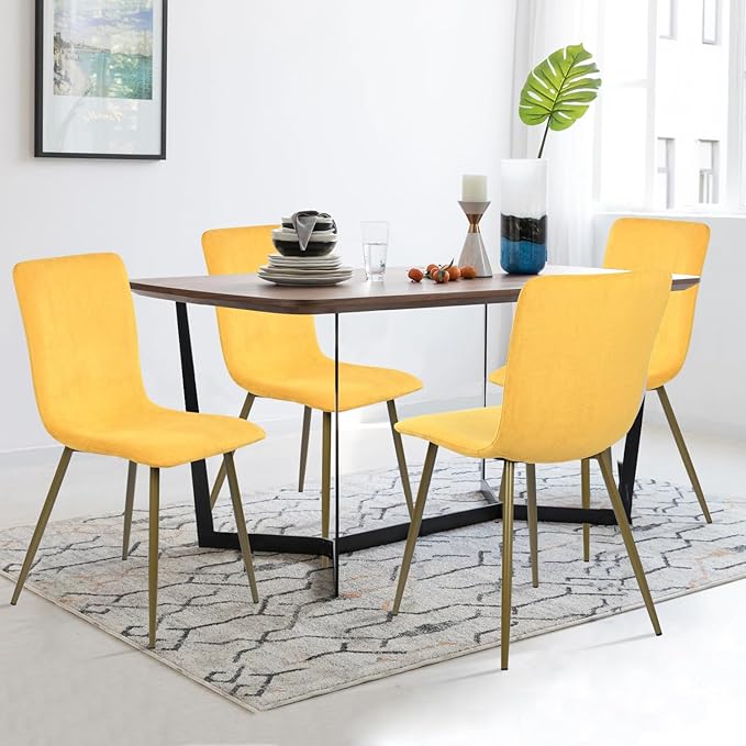 FurnitureR Modern Style Dining Chairs Set of 4, Comfy Side Chair with Fabric Seat Sturdy Metal Gold Legs for Kitchen Living Room Bedroom, Yellow - LeafyLoom