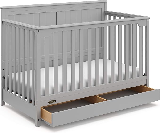 Graco Hadley 5-in-1 Convertible Crib with Drawer (Pebble Gray) – GREENGUARD Gold Certified, Crib with Drawer Combo, Full-Size Nursery Storage Drawer, Converts to Toddler Bed, Daybed - LeafyLoom