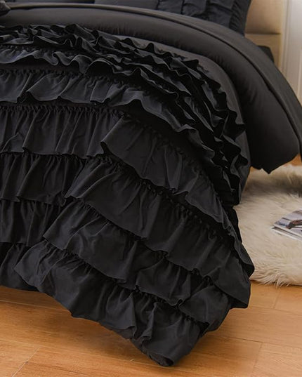 A Nice Night Waterfall Flutter Ruffle Comforter Sets,Ruffled Textured Chic Princess 6pcs Bedding Set,with Bling Shiny Sequin Throw Pillow Case,Black,Full - LeafyLoom