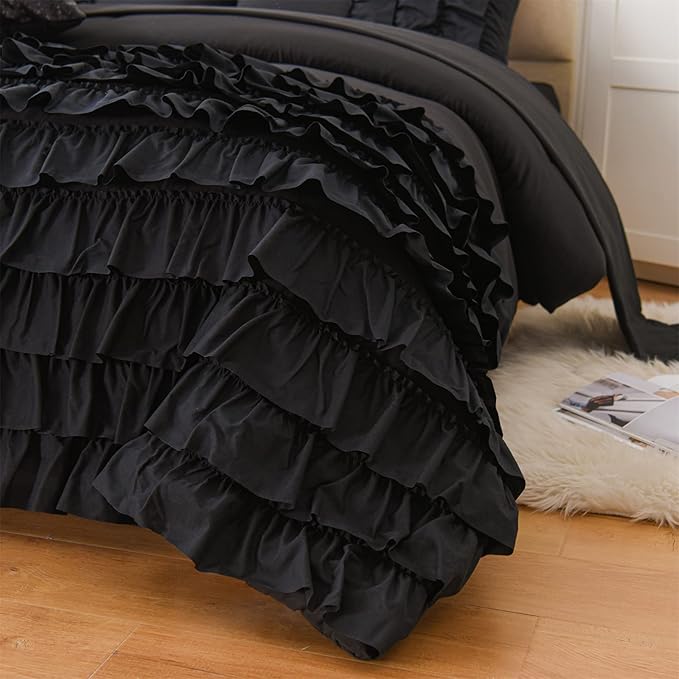 A Nice Night Waterfall Flutter Ruffle Comforter Sets,Ruffled Textured Chic Princess 6pcs Bedding Set,with Bling Shiny Sequin Throw Pillow Case,Black,Twin - LeafyLoom