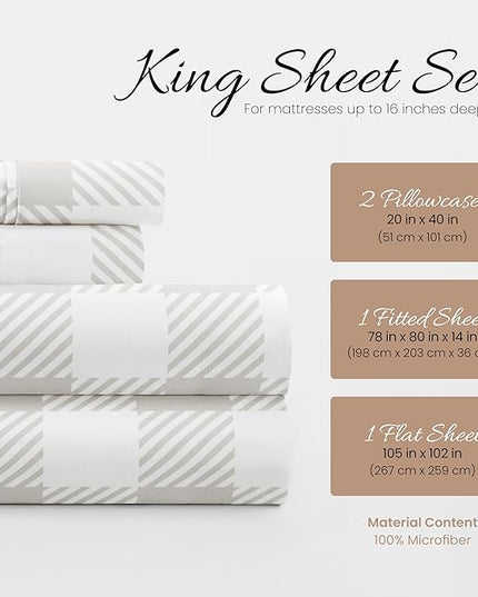 Linen Market 4 Piece King Bedding Sheet Set (Light Gray Plaid) - Sleep Better Than Ever with These Ultra-Soft & Cooling Bed Sheets for Your King Size Bed - Deep Pocket Fits 16" Mattress - LeafyLoom