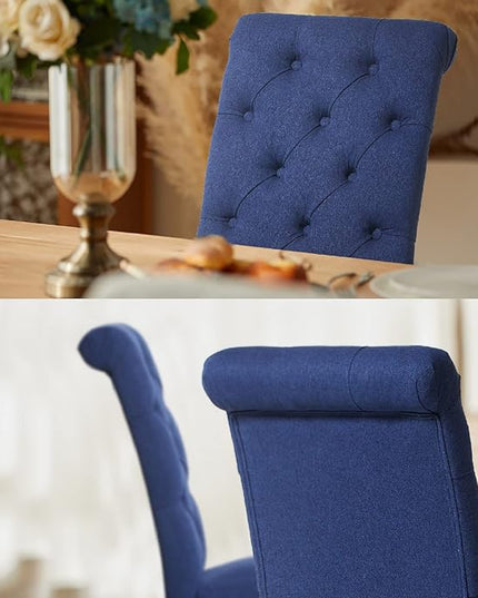 COLAMY Button Tufted Dining Chairs Set of 6, Parsons Upholstered Fabric Dining Room Chairs Kitchen Chairs with Wood Legs and Padded Seat, Dark Blue - LeafyLoom
