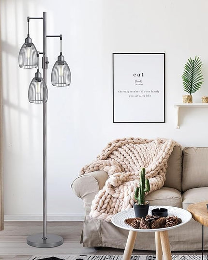 Dimmable Industrial Floor Lamps for Living Room, Gray Tree Standing Tall Lamps with 3 Elegant Teardrop Cage Head & 800 Lumens LED Bulbs for Bedroom Office - LeafyLoom