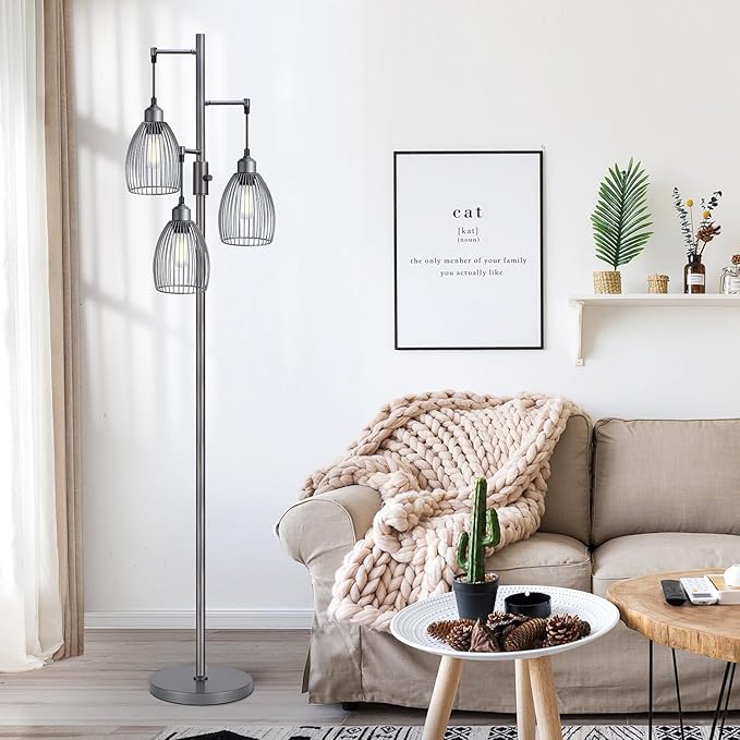 Dimmable Industrial Floor Lamps for Living Room, Gray Tree Standing Tall Lamps with 3 Elegant Teardrop Cage Head & 800 Lumens LED Bulbs for Bedroom Office - LeafyLoom