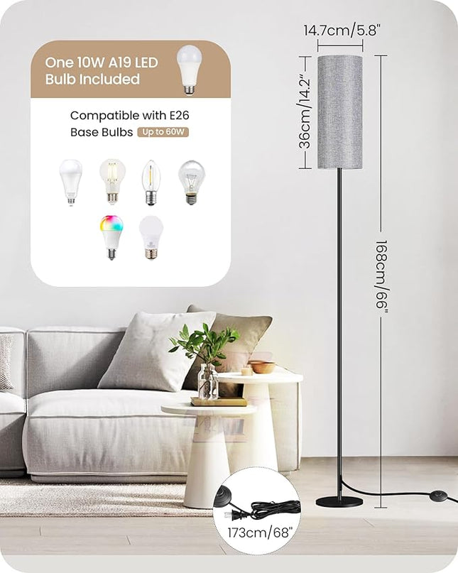 Dimmable Floor Lamp for Living Room, Corner Floor Lamp with Remote, 66'' Standing Tall Lamp, Linen Lampshade, 10W 800LM LED Bulb for Bedroom Study, FCC Listed, Black and Gray H06LD05 - LeafyLoom