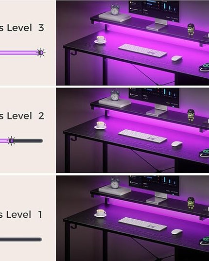 AODK Gaming Desk with LED Lights & Power Outlet, 55 Inch Computer Desk with Drawer, Reversible Desk with Adjustable Monitor Shelf & Headphone Hook for Home Office, Black - LeafyLoom