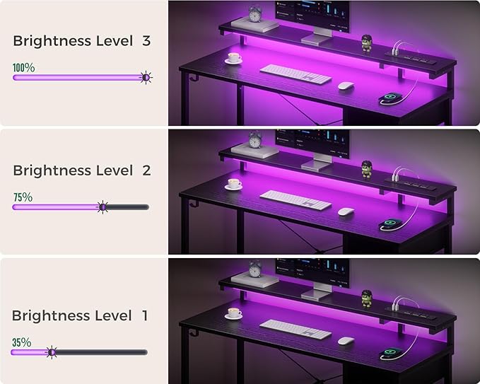 AODK Gaming Desk with LED Lights & Power Outlet, 55 Inch Computer Desk with Drawer, Reversible Desk with Adjustable Monitor Shelf & Headphone Hook for Home Office, Black - LeafyLoom