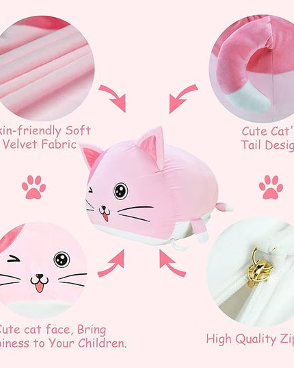 Cute Cat Bean Bag Chair for Kids, Pink Stuffed Animal Storage Beanbag Chairs for Girls Room Decor, Extra Large Size, Velvet Super Soft Cover Only - LeafyLoom
