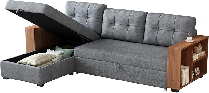 Convertible Sectional Couch with Pull Out Bed and Storage Chaise,L Shaped Sleeper Sofa W/Storage Cabinet Armrests & Removable Back Cushions,Living Room Furniture,for Home,Office,Light Grey,84" - LeafyLoom