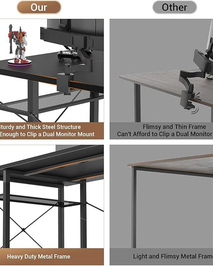 armocity Computer Desk with LED Lights, 55 Inch Desk with Power Outlet and USB, Reversible Large Desk with Moveable Monitor Stand, 55.2'' Gaming PC Table for Home Office, Workstation, Black - LeafyLoom