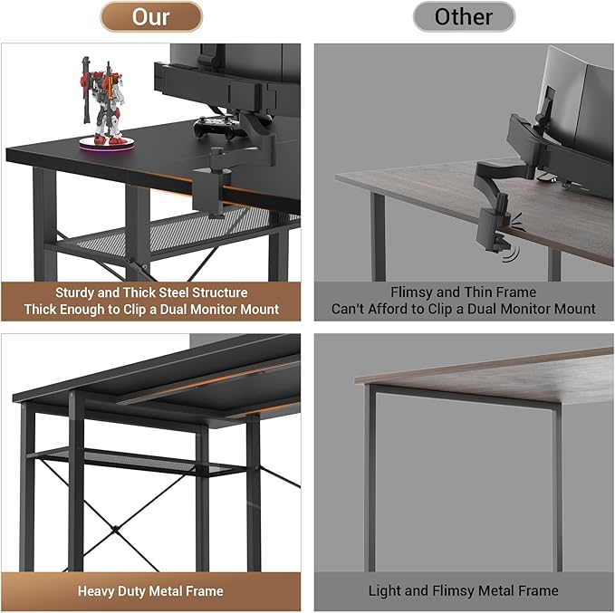 armocity Computer Desk with LED Lights, 55 Inch Desk with Power Outlet and USB, Reversible Large Desk with Moveable Monitor Stand, 55.2'' Gaming PC Table for Home Office, Workstation, Black - LeafyLoom