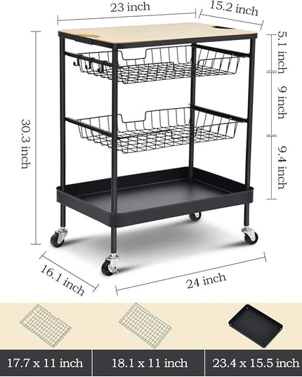 TOOLF Kitchen Island Serving Cart with Utility Wood Tabletop, 4-Tier Rolling Storage Cart with 2 Basket Drawers, Kitchen Cart with Wheels for Home, Dining Room, Bar, Restaurant, Hotel - LeafyLoom