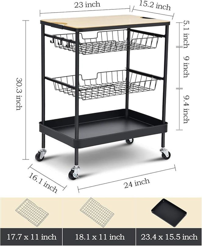 TOOLF Kitchen Island Serving Cart with Utility Wood Tabletop, 4-Tier Rolling Storage Cart with 2 Basket Drawers, Kitchen Cart with Wheels for Home, Dining Room, Bar, Restaurant, Hotel - LeafyLoom