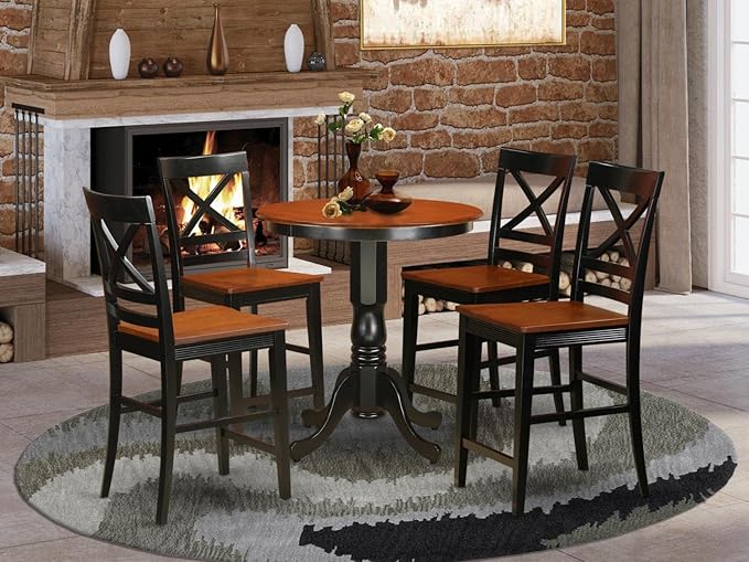 East West Furniture EDQU5-BLK-W Eden 5 Piece Counter Height Set Includes a Round Kitchen Table with Pedestal and 4 Dining Room Chairs, 30x30 Inch, Black & Cherry - LeafyLoom