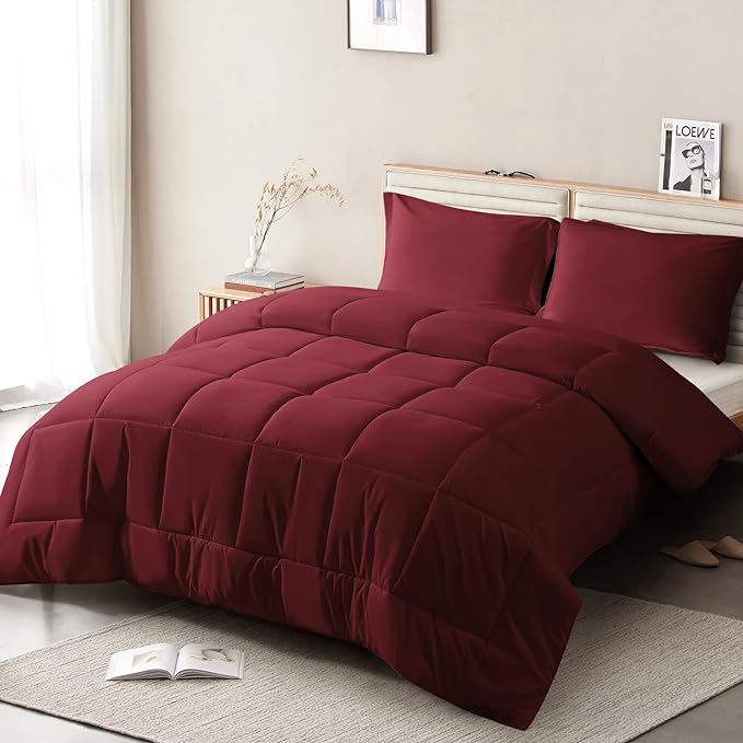 King Comforter Set 3 Pieces - Goose Down Alternative with 2 Pillow Shams - Extra Thick - Soft and Comfortable - Machine Washable (King,Burgandy) - LeafyLoom