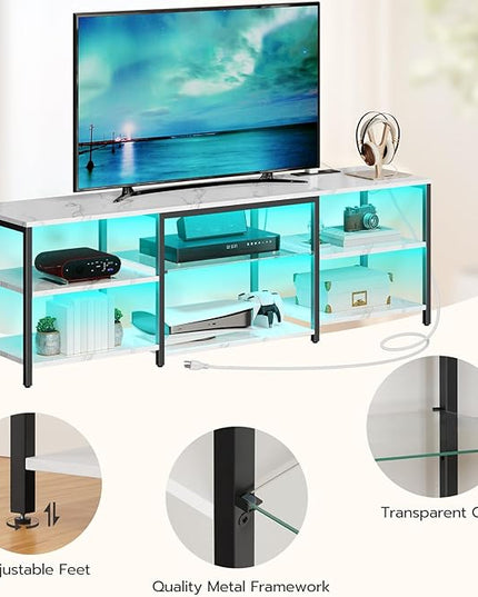 HOOBRO LED TV Stand for 75 Inch TVs with Charging Station, Gaming Entertainment Center with 3-Tier Open Storage, Long 63” Media TV Console Table, TV Stand for Living Room, Marble White BM21UDDS01 - LeafyLoom