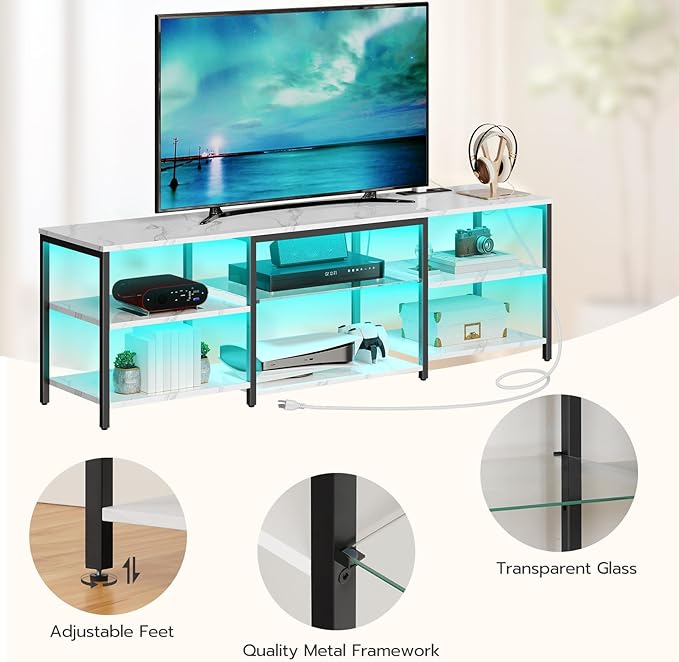 HOOBRO LED TV Stand for 75 Inch TVs with Charging Station, Gaming Entertainment Center with 3-Tier Open Storage, Long 63” Media TV Console Table, TV Stand for Living Room, Marble White BM21UDDS01 - LeafyLoom