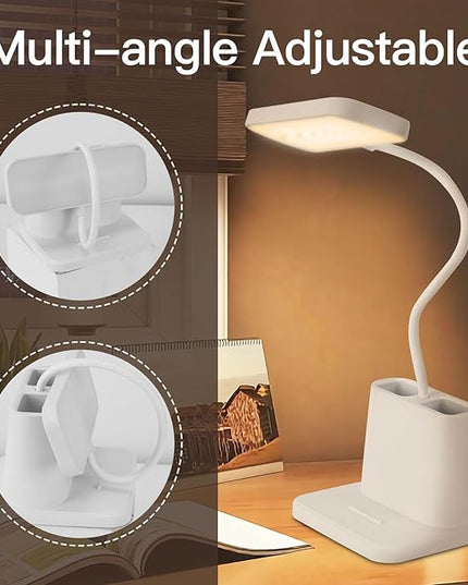 Desk Lamps for Home Office,3 Lighting Modes, Adjustable Brightness, Adjustable Gooseneck Reading Lamp,Rechargeable,Battery Operated Children's Eye Protection Learning Lamp with Pen Holder - LeafyLoom