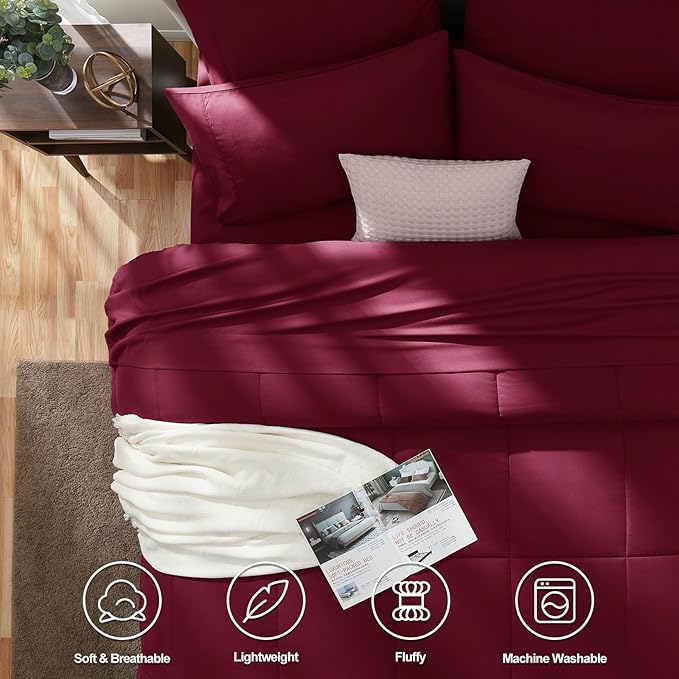 CozyLux Full Size Comforter Set - 7 Pieces Bed in a Bag Set Burgundy, Bedding Sets Full with All Season Quilted Comforter, Flat Sheet, Fitted Sheet, Pillowcases, Red, Full - LeafyLoom