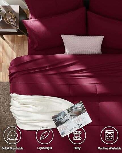 CozyLux King Size Comforter Set - 7 Pieces Bed in a Bag Set Burgundy, Bedding Sets King with All Season Quilted Comforter, Flat Sheet, Fitted Sheet, Pillowcases, Red, King - LeafyLoom