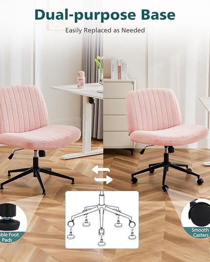 OLIXIS Cross Legged Armless Wide Adjustable Swivel Padded Home Office Desk Chair, Pink with Wheels - LeafyLoom