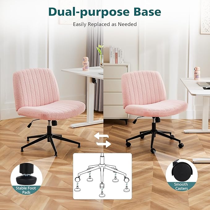 OLIXIS Cross Legged Armless Wide Adjustable Swivel Padded Home Office Desk Chair, Pink with Wheels - LeafyLoom