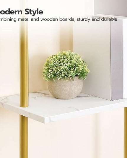 HOOBRO DIY Ladder Shelf, 6-Tier Wooden Wall Mounted Bookshelf, Narrow Gold Bookcase, Display Shelf, Storage Rack, Plant Stand, for Living Room, Bedroom, Study, Balcony, Marble and Gold DM651CJ01 - LeafyLoom
