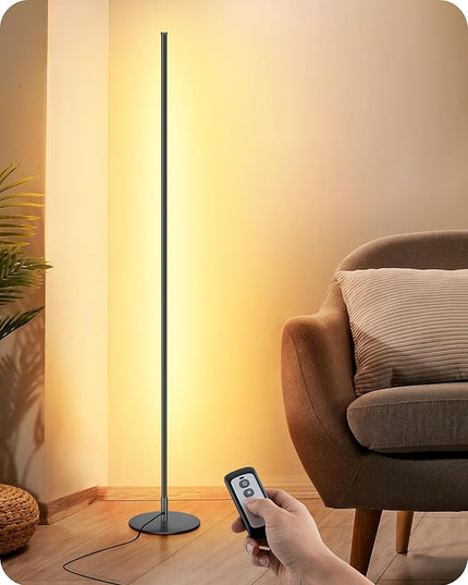 EDISHINE LED Corner Floor Lamp with Remote, 57.5" Minimalist Dimmable Mood Lighting, Standing Tall Pole Lamp for Living Room, Bedroom, Home Office, 3000K Warm White Light (Black) - LeafyLoom