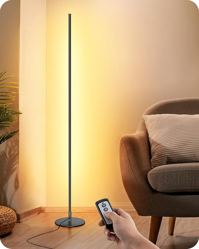 EDISHINE LED Corner Floor Lamp with Remote, 57.5" Minimalist Dimmable Mood Lighting, Standing Tall Pole Lamp for Living Room, Bedroom, Home Office, 3000K Warm White Light (Black) - LeafyLoom