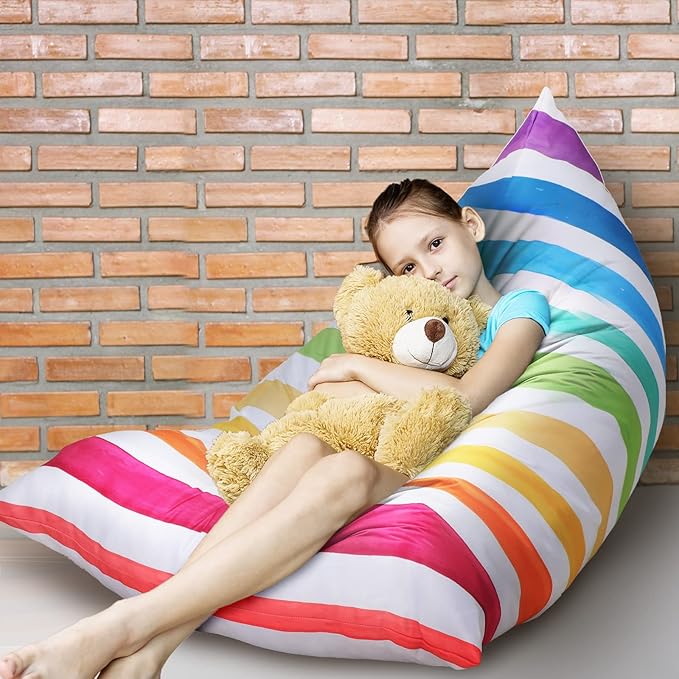 Stuffed Animal Storage Bean Bag Chair Cover Organizer Extra Large Beanbag Stuffed Animal Holder Canvas Stuff Animal Storage Sleeping Storage Bean Bag Chair Without Filling for Kids (Rainbow Style) - LeafyLoom