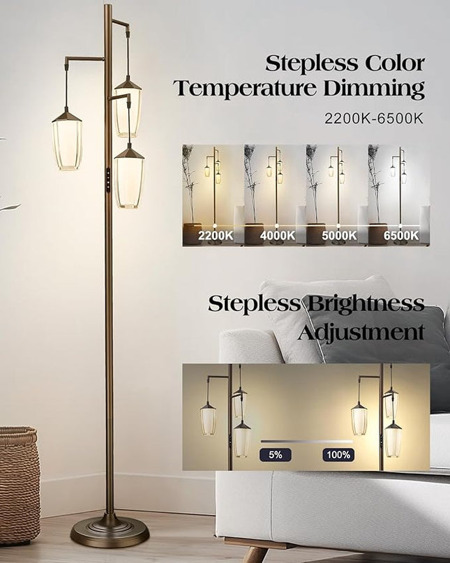 ELYONA Rustic Dimmable Floor Lamp for Bedroom, 24W LED Reading Light Remote & Touch Control, Stepless Adjustable 2200K-6500K Colors & Brightness, 3-Light Standing Lamp for Living Room Office, Bronze - LeafyLoom