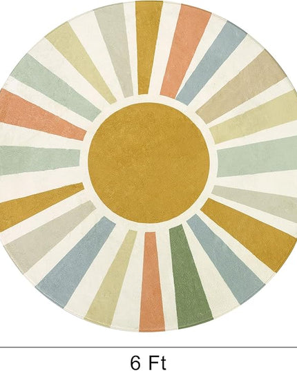 Boho Sun Round Area Rug for Living Room, 6 Ft Washable Nursery Rug for Playroom, Colorful Circle Rug for Kids Bedroom, Non-Slip Circluar Carpet Soft Large Kids Rug for Classroom Dorm Kids Room - LeafyLoom