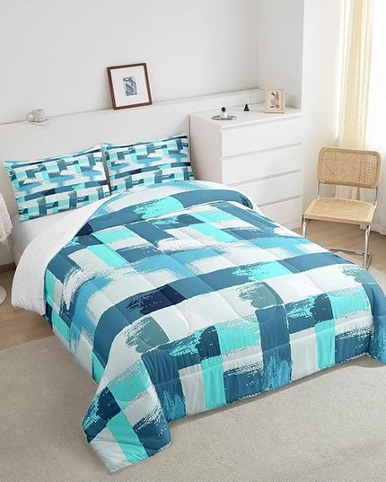 Teal Comforter Set Full Size Turquoise Comforter Blue Grey Grunge Ombre Bedding Set for Kids Boys Girls Adults Bedroom Decor Watercolor Abstract Contemporary Quilt Duvet Insert with 2 Pillowcases - LeafyLoom