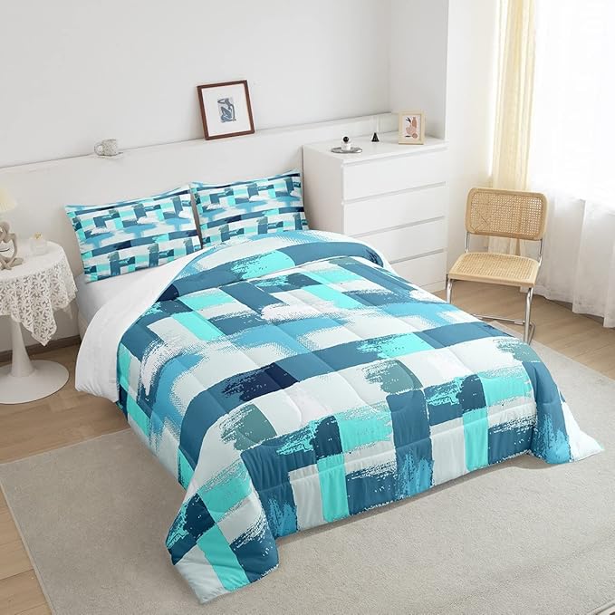 Teal Comforter Set Full Size Turquoise Comforter Blue Grey Grunge Ombre Bedding Set for Kids Boys Girls Adults Bedroom Decor Watercolor Abstract Contemporary Quilt Duvet Insert with 2 Pillowcases - LeafyLoom