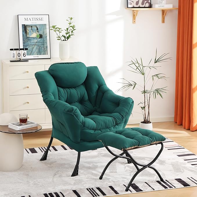 Cozy Lazy Chair and Ottoman, Large Contemporary Accent Lounge Chair Set, Leisure Upholstered Reading Armchair for Bedroom, Living Room, Dorm Rooms, Office - LeafyLoom