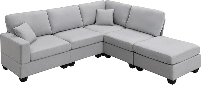 90" Sectional Couch, 5-Seat Modular Sectional Sofa with Convertible Ottoman, L-Shape Corner Sofa Set with 2 Pillows for Living Room, Apartment, Office - LeafyLoom