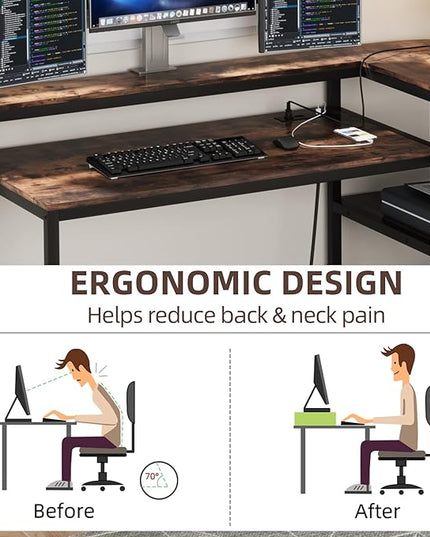 TIYASE L Shaped Desk with Power Outlet and USB Port, 59 in L-Shaped Computer Corner Desk with Storage Shelves, Home Office Desk Workstation with Monitor Stand, Tower Shelf, Rustic Brown - LeafyLoom