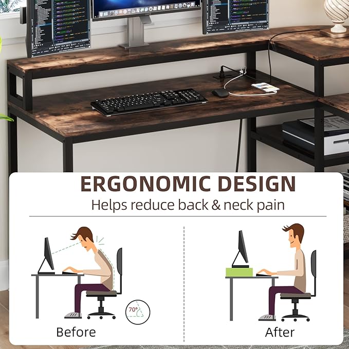 TIYASE L Shaped Desk with Power Outlet and USB Port, 59 in L-Shaped Computer Corner Desk with Storage Shelves, Home Office Desk Workstation with Monitor Stand, Tower Shelf, Rustic Brown - LeafyLoom