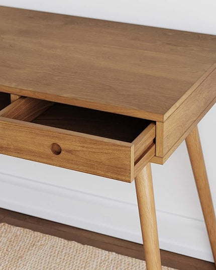 Nathan James Parker Modern Home Office Writing, Computer or Laptop Desk with Open Storage Cubby and Small Drawer, Walnut - LeafyLoom